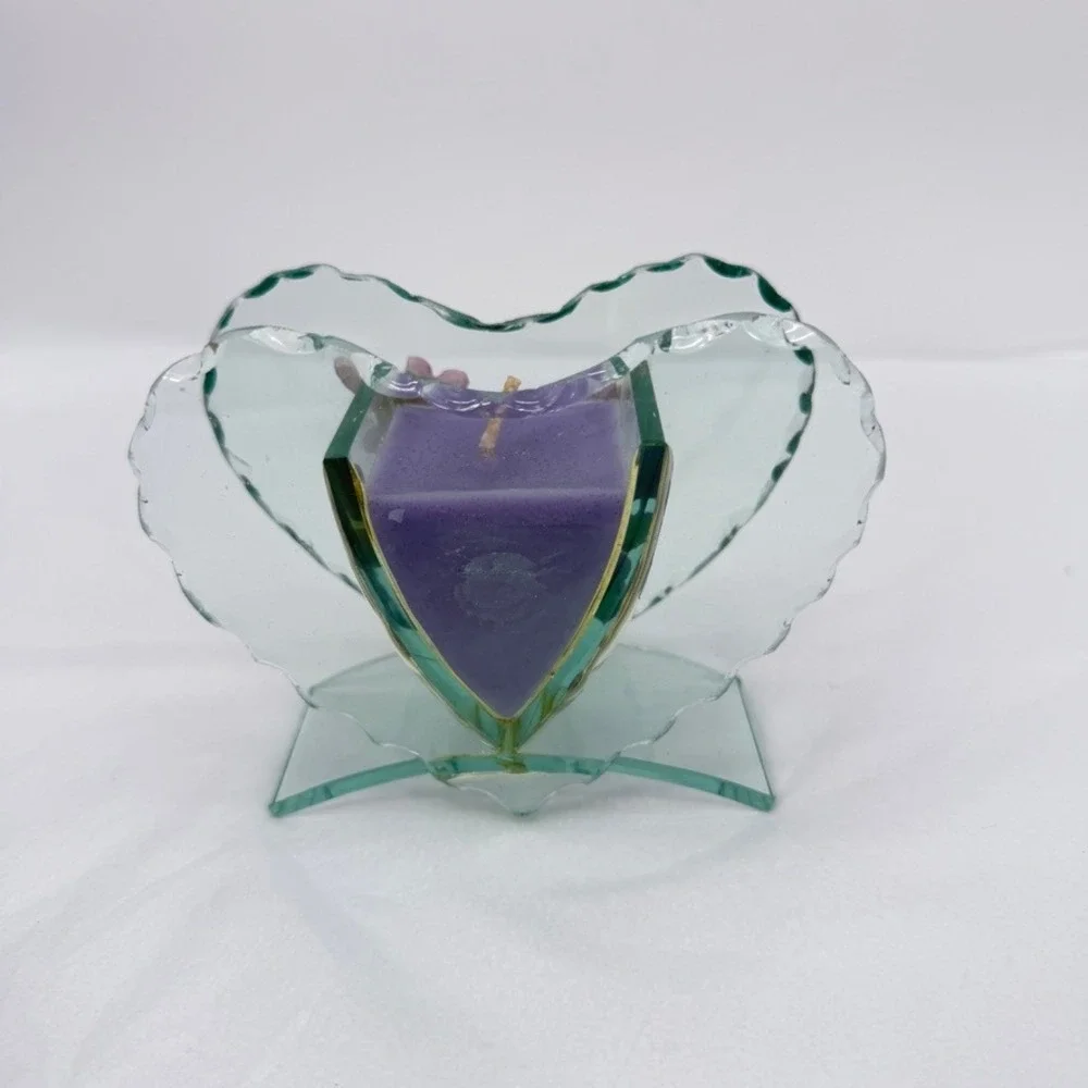Giftco Heart Candle Beveled‎ Glass Holder Polystone Flowers Purple Decor Gift